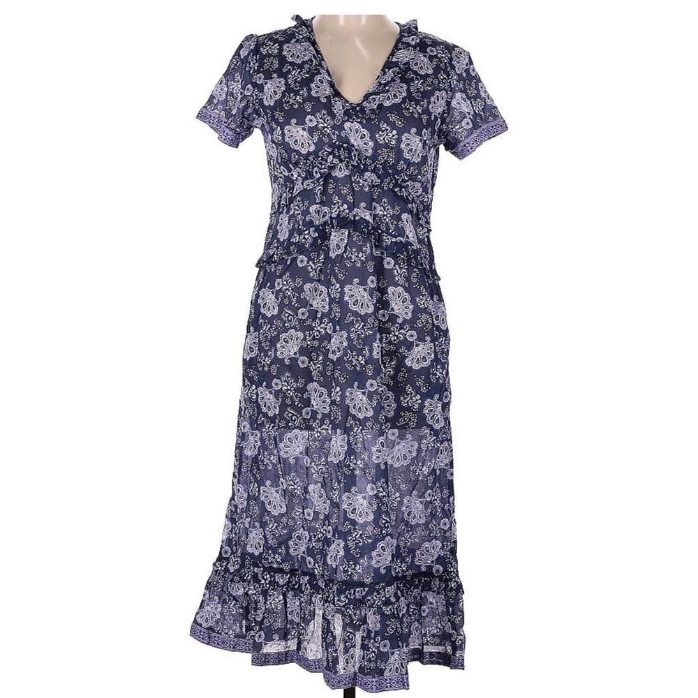 Women’s LA PLAGE Purple Blue Print Midi Dress Size Medium